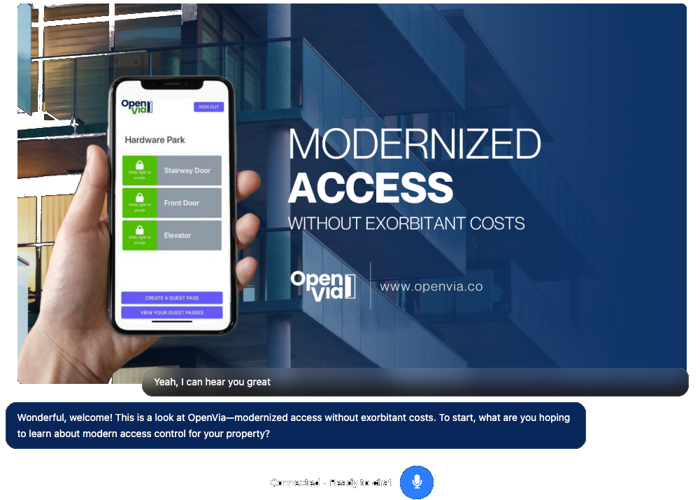 Live AI sales presentation on a phone showing OpenVia's Modernized Access deck with the voice agent's spoken transcript overlaid